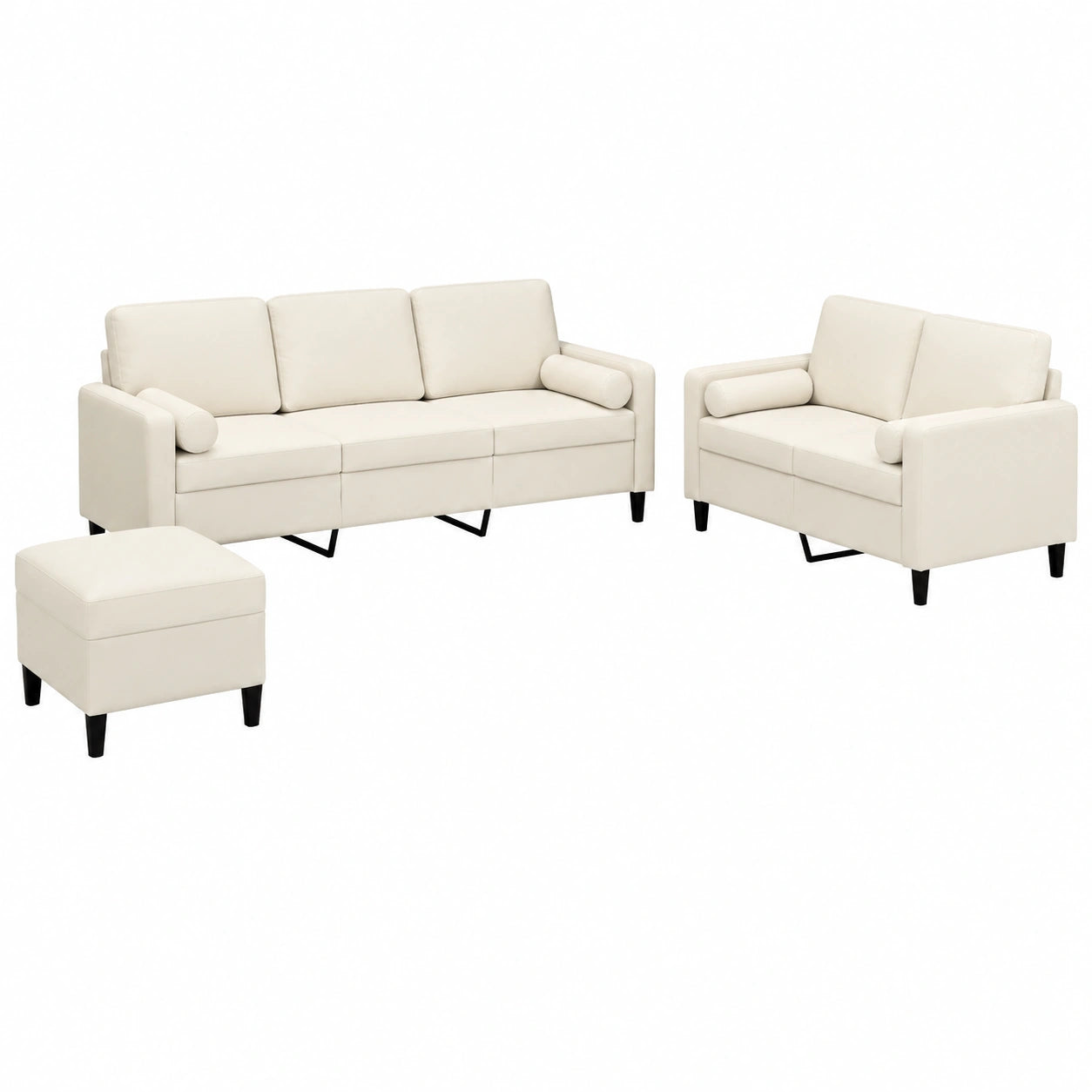 Elegante 3-teilige Samt-Sofagarnitur in Creme – Bequemes Wohnzimmerset mit 2-Sitzer, 3-Sitzer und Hocker – Stabiler Metall- und Sperrholzrahmen