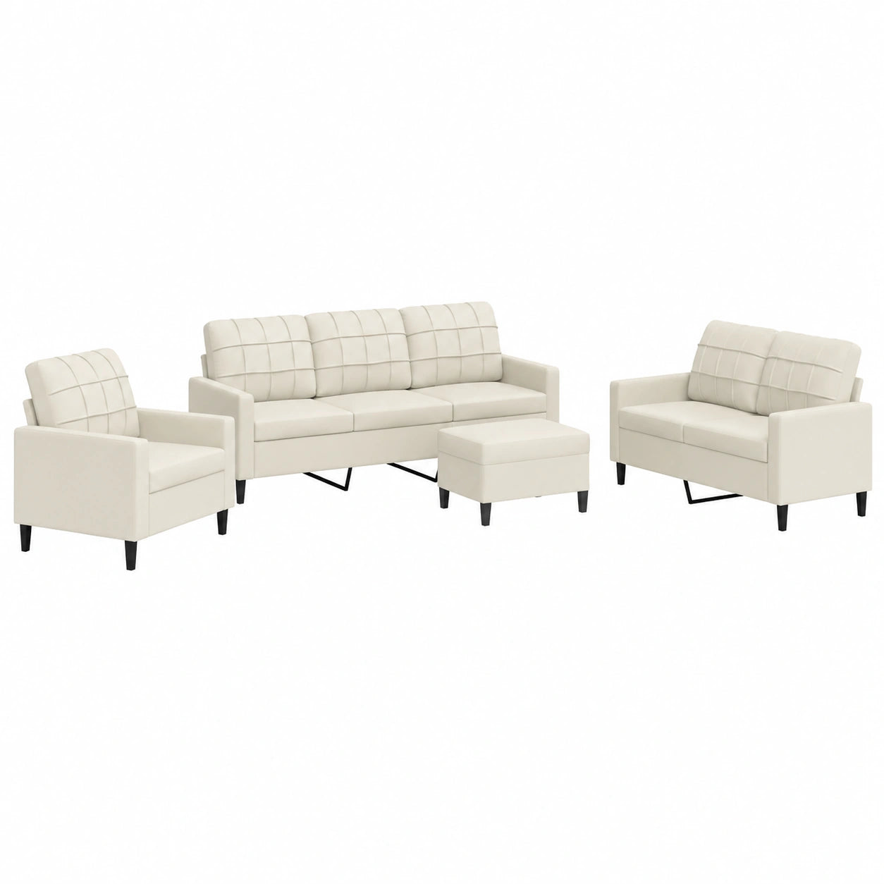 Elegantes 4-tlg. Sofagarnitur Set in Creme Samt mit Metallrahmen, inkl. 3-Sitzer, 2-Sitzer, Sessel und Hocker – Platzsparendes, modernes Design für komfortables Wohnen