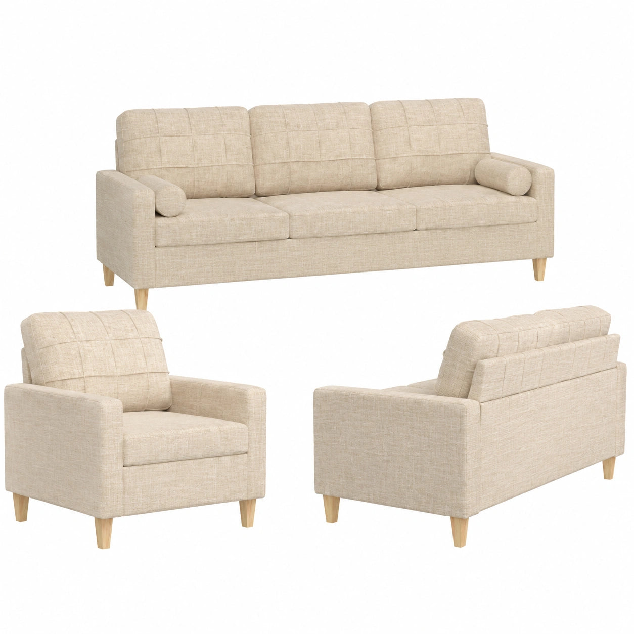 Moderne 4-teilige Sofagarnitur Cremefarben mit Fußhocker und Zierkissen für Wohnzimmer