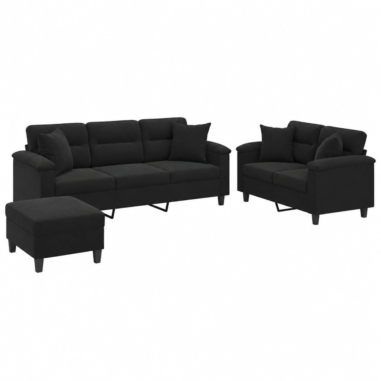 Moderne 3-teilige Sofagarnitur aus Mikrofaser, inkl. Fußhocker, 2-Sitzer und 3-Sitzer, Komfort-Couch-Set für Wohnzimmer, Schwarz