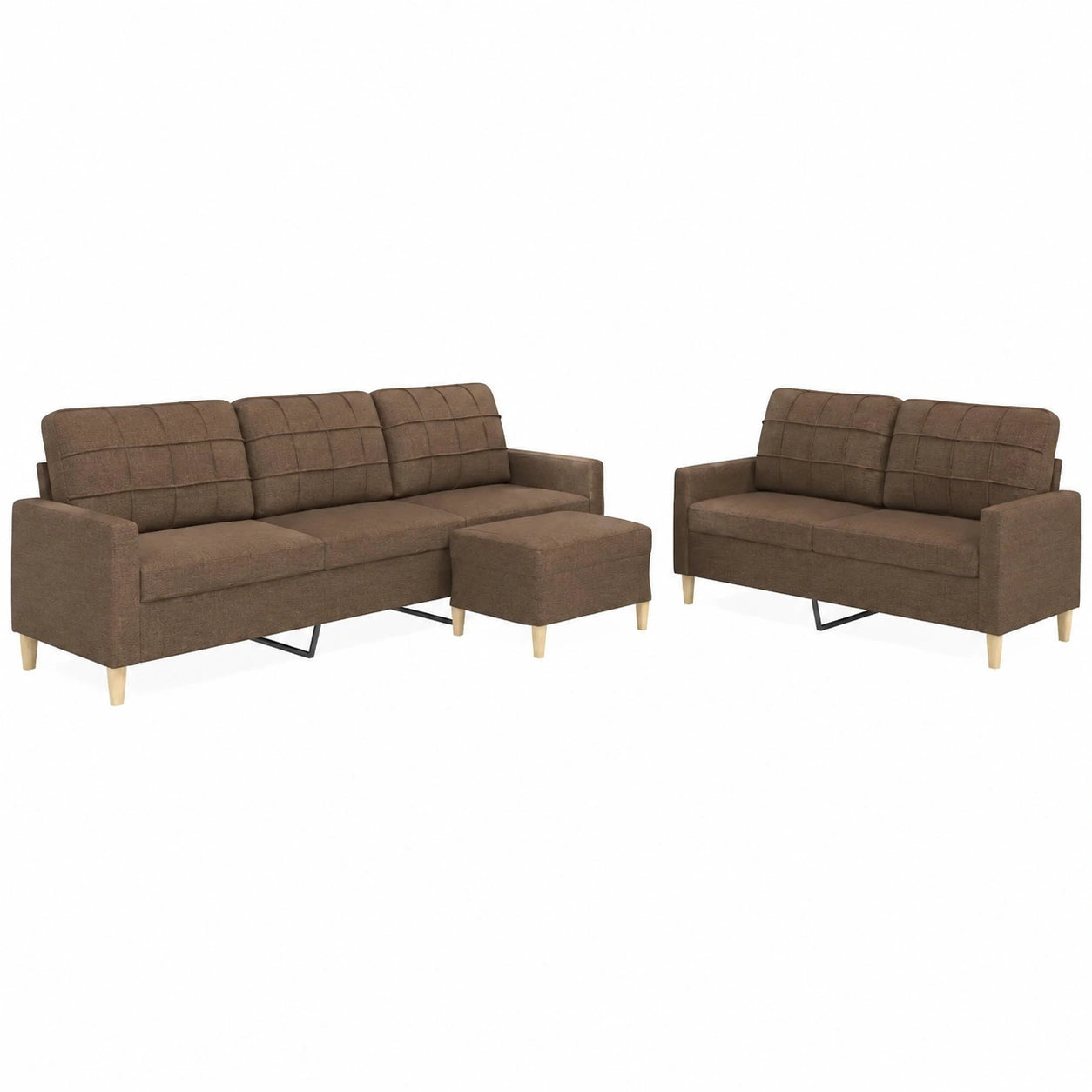 Moderne 3-teilige Sofagarnitur mit Hocker, brauner Stoffbezug, robustes Metallgestell