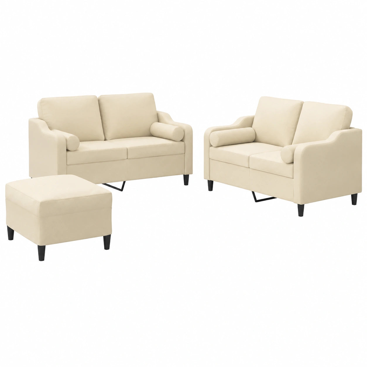 Elegante 3-teilige Sofagarnitur in Creme – 2-Sitzer, 4 Kissen und Fußhocker