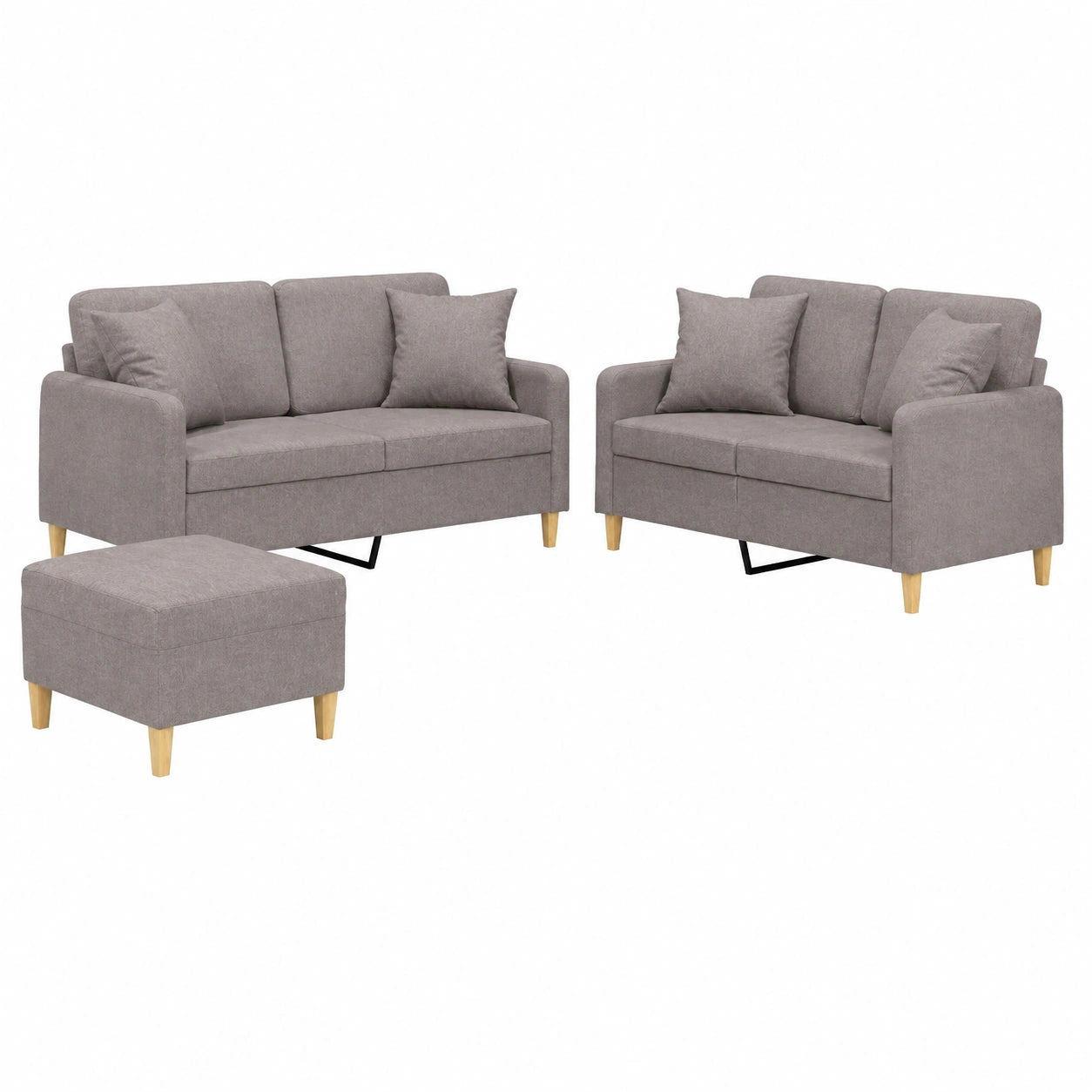 Sofagarnitur 3-teilig, Doppel-Sofa Set mit Hocker & Kissen, Stoffbezug in Taupe, langlebige Wohnzimmermöbel