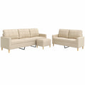 Skandinavische Sofagarnitur Creme Stoff, 2-Sitzer & 3-Sitzer mit Hocker, Modernes Design