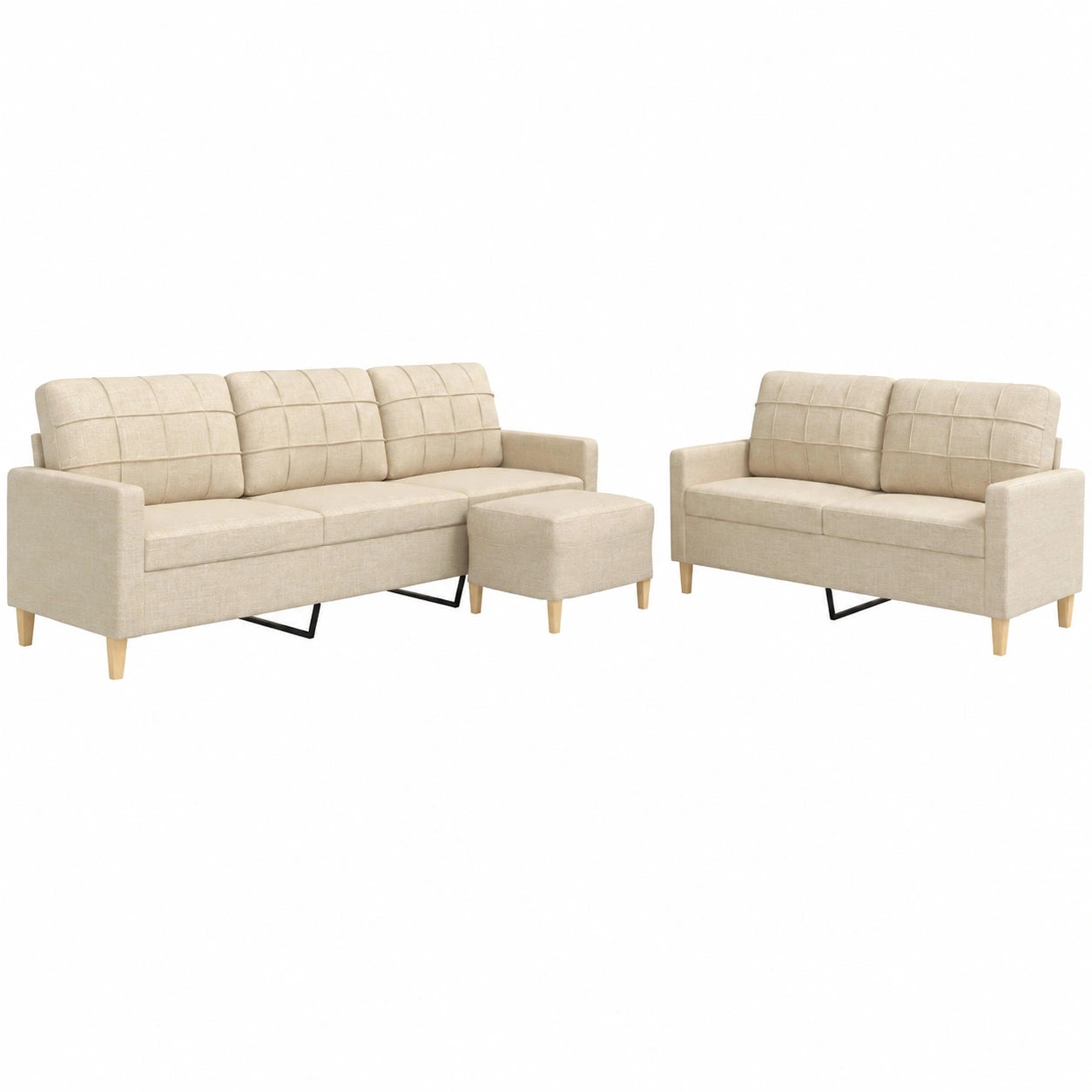 Skandinavische Sofagarnitur Creme Stoff, 2-Sitzer & 3-Sitzer mit Hocker, Modernes Design