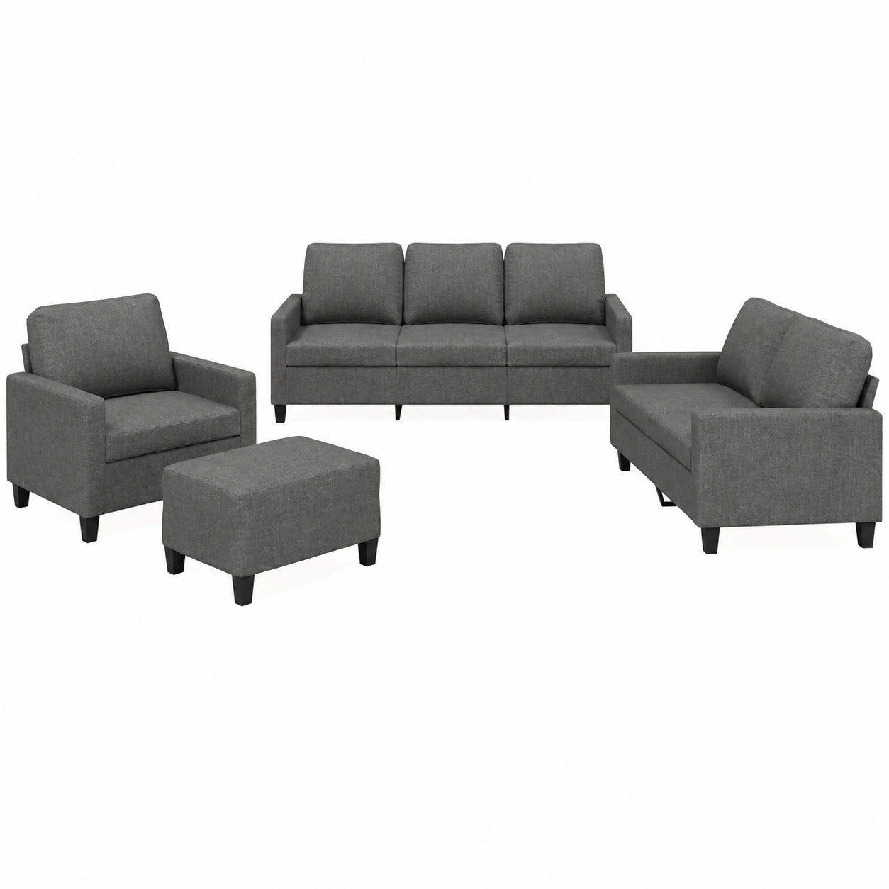 Modernes 4-teiliges Sofaset in Dunkelgrau mit Kissen - Bequemes Wohnzimmermöbel inkl. Sessel, 2-Sitzer, 3-Sitzer und Hocker