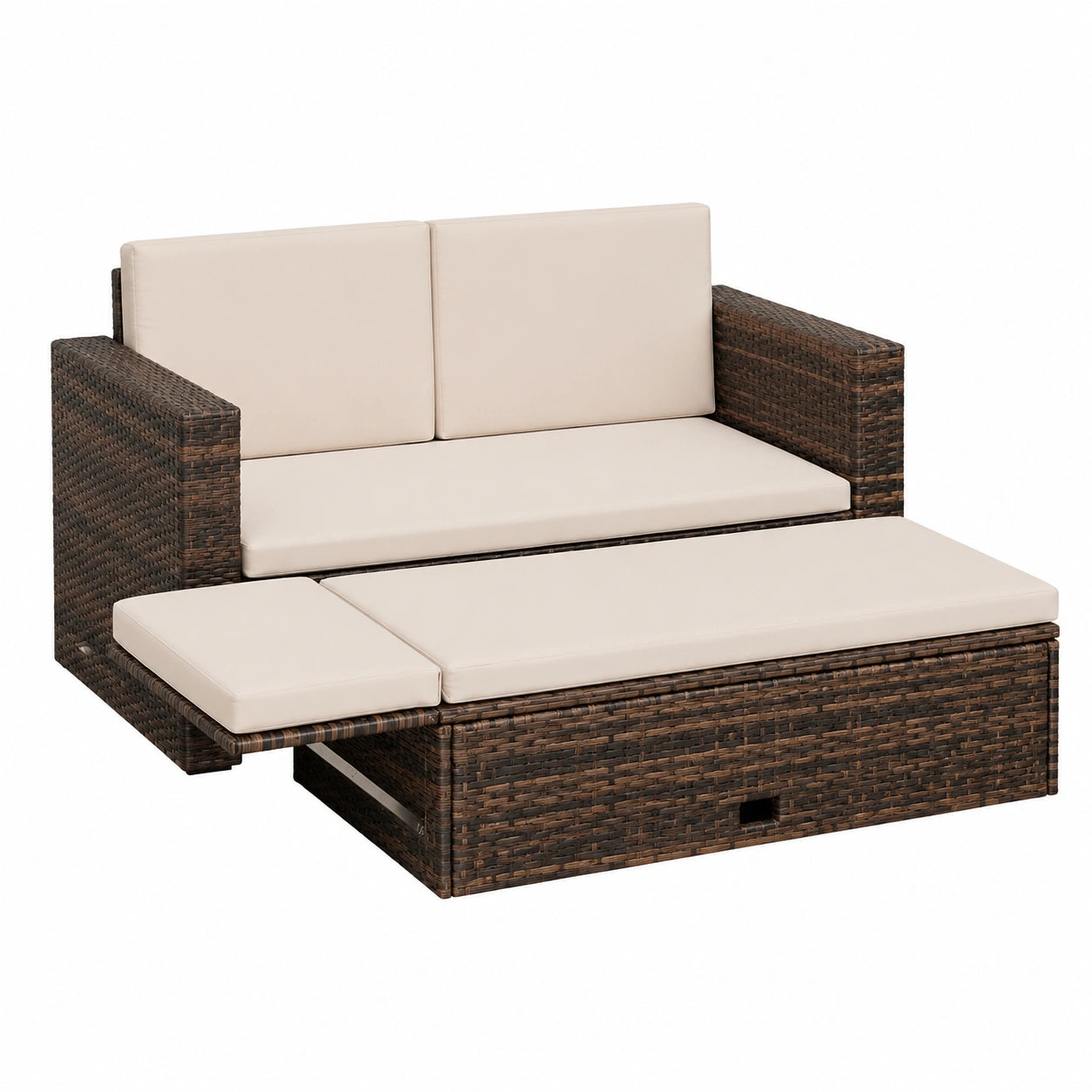 Polyrattan Gartensofa Set Braun mit Stauraum und Klappfußbank, Inklusive Kissen und Tisch