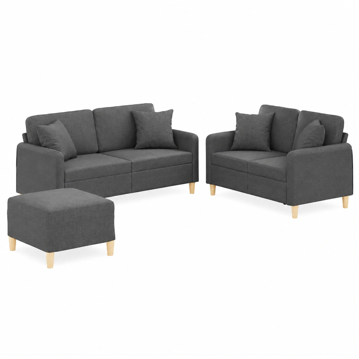 3-teilige Sofagarnitur in Dunkelgrau, inklusive 2-Sitzer-Sofas, Hocker und Kissen, robustes Gestell, atmungsaktiver Stoff, perfekt für Wohnen, Lounge oder Büro