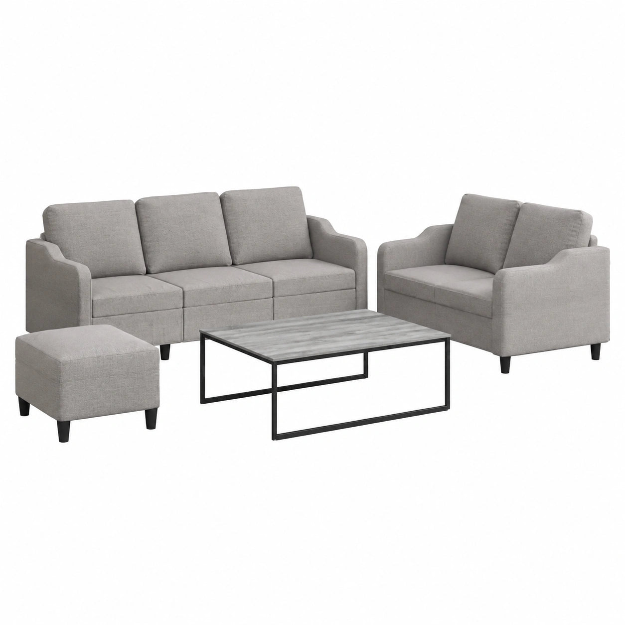 3-teilige Sofagarnitur in Taupe: Stoffbezug, 2- und 3-Sitzer inkl. Hocker und Kissen, modernes Design, ideal für Büro und Lounge, komfortabel und robust