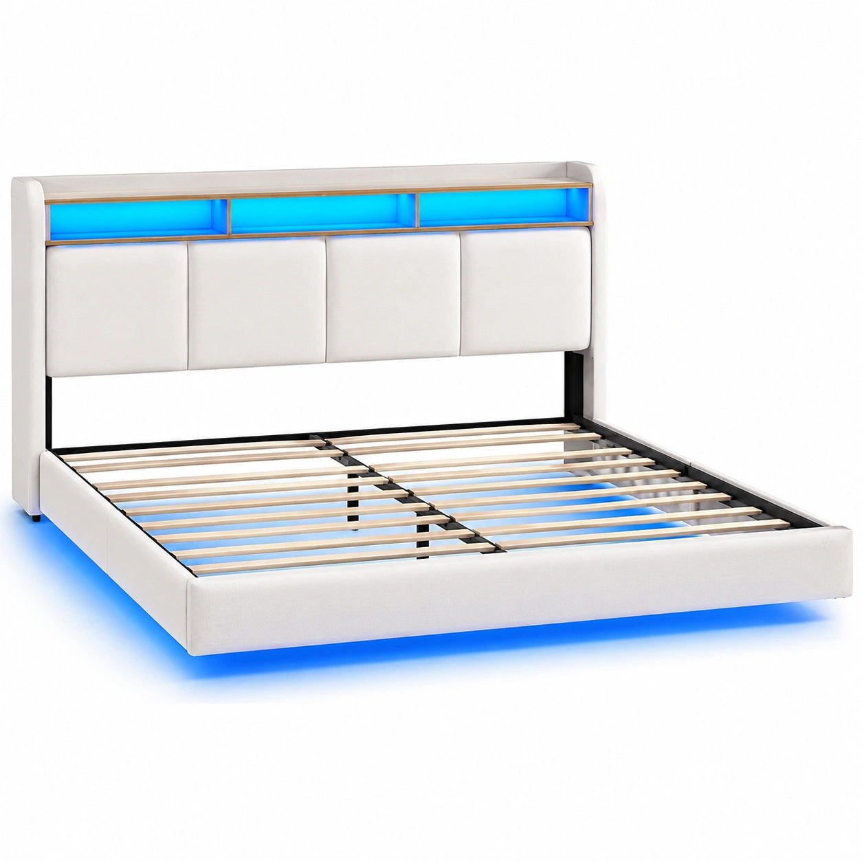 Modernes Polsterbett 160x200 cm mit LED, Kopfteil & Ladestation, Stauraum, Weiß
