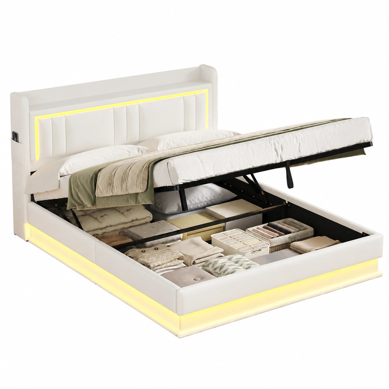 Modernes Polsterbett 160x200 cm mit LED, Stauraum & Ladestation, Weiß