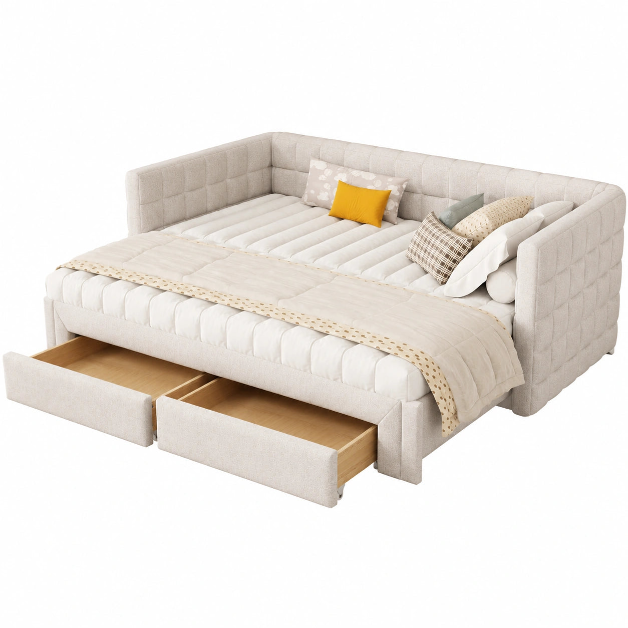 Lcoho Tagesbett 90x200cm, ausziehbares Sofabett, quadratische Rückenlehne, mit 2 Schubladen, ohne Matratze, Beige